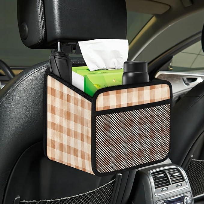 Retro Brown Checkered Car Backseat Organizer PU Leather Truck Back Seat Trash Bag Universal Hanging Storage Box Travel Accessories Foldable