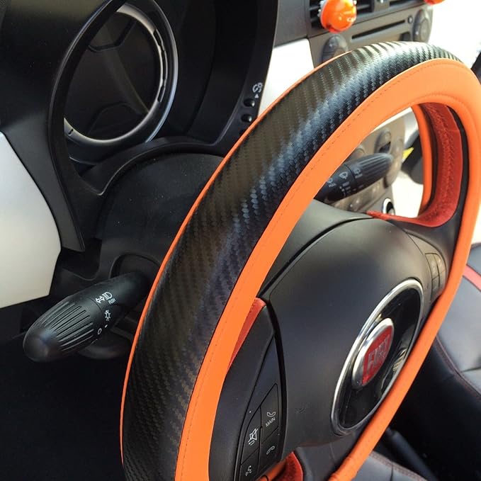 Jdragon Orange & Carbon Fiber Style PVC Leather Slip-On Steering Wheel Cover 14.25-15" Diameter