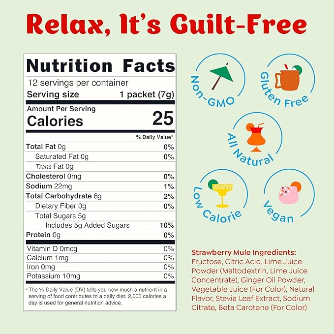 Craftmix Strawberry Mule Cocktail & Mocktail Drink Mixer, Skinny Mixes - Water Flavoring Packets - Made With Real Fruit - Vegan, Low-Carb, Low-Sugar, Non-GMO, Dairy Free, Gluten Free, 12 Pack