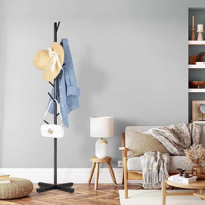 ZOZOE Modern Metal Coat Rack Stand, Coat Rack Freestanding with 8 Hooks, Coat Racks Easy to Assemble, Black Coat Hall Tree Hanger Stand for Jacket, Bag, Hat, Entryway