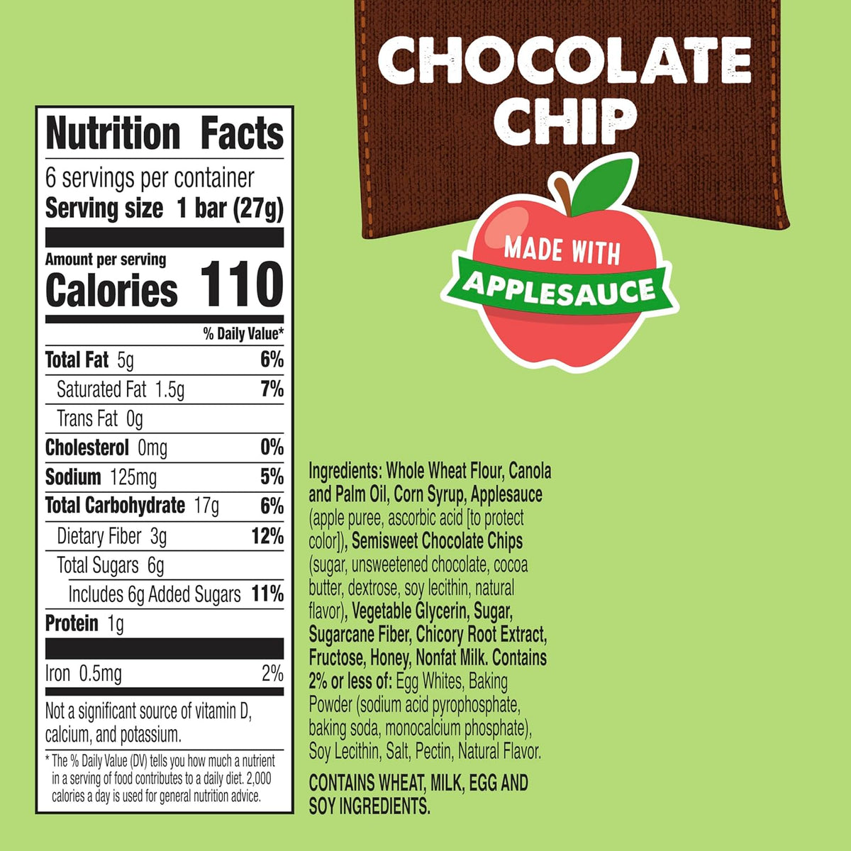 Mott's Soft Baked Bars, Chocolate Chip, Made with Applesauce, 6 Ct, 5.76 oz