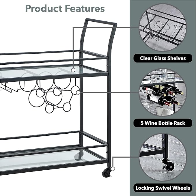 FirsTime & Co. Black Francesca Bar Cart, 2 Tier Mobile Mini Bar, Kitchen Serving Cart and Coffee Station with Storage for Wine and Glasses, Metal and Glass, Modern