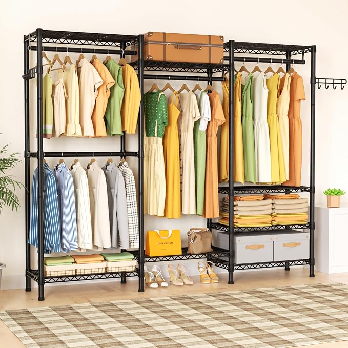 Golpart Heavy Duty Garment Rack Clothes Rack,Large Metal Closet Organizer System Storage Wardrobe,Freestanding Clothing Rack with 8 Adjustable Wire Shelves&4 Hang Rods,MaxLoad 800lbs