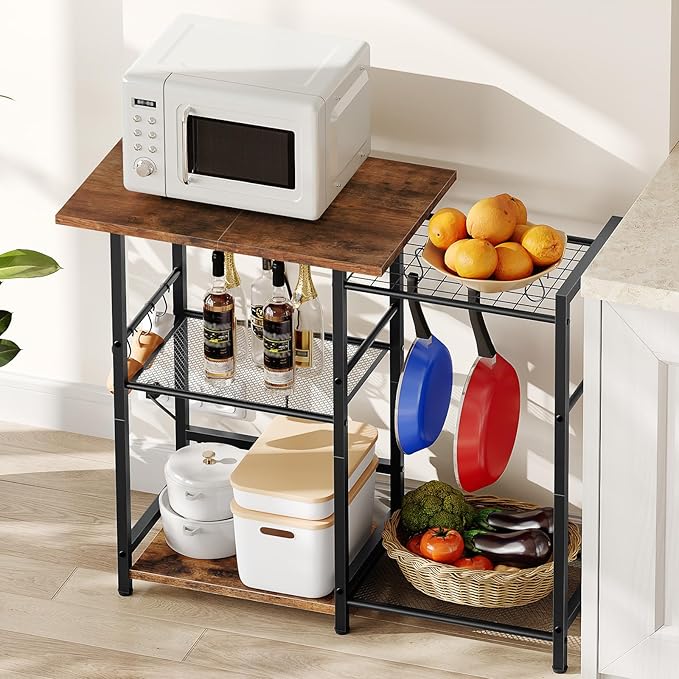 HOOBRO Bakers Rack with Power Outlet, Microwave Stand with Pots Rack, Kitchen Stand, Coffee Bar Table with 6 S Hooks, Kitchen Utility Storage Shelf for Spices, Pots, Black and Rustic Brown BF15UHB01G1