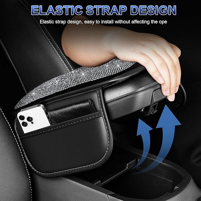 NUWQICD Bling Center Console Cover Fit for Nissan Altima 1993-2025: Crystal Rhinestone Automotive Armrest Cushion-Stylish Diamond Arm Rest Protection Mat(Black)