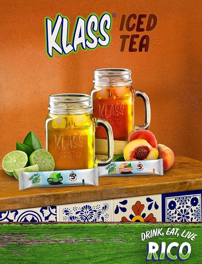 Klass Iced Tea, Powdered Drink Mix Variety Pack, 44 Singles Zero Sugar & Caffeine-Free Powder Packets, Water Drink Mix, Flavors: Peach & Lime Black Tea - 5 Calories Per Packet & Natural Flavors