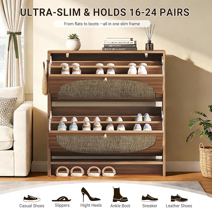 Nicetree Freestanding Ultra Slim Arched Rattan Accent Shoe Storage Cabinet for Entryway - 2 Flip Drawers & 3-Tier Adjustable Shelves, Farmhouse Modern Rustic Shoe Rack for Hallway Foyer,Oak