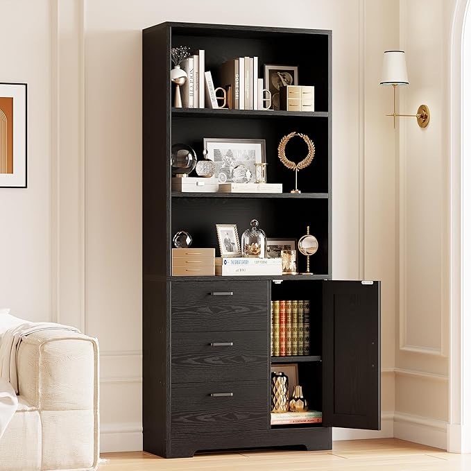 IRONCK Bookshelf with Doors and 3 Drawers 71 in Tall Bookcase with 3-Tier Shelves, Industrial Book Shelf with Storage for Living Room Entrance Hallway Home Office, Black