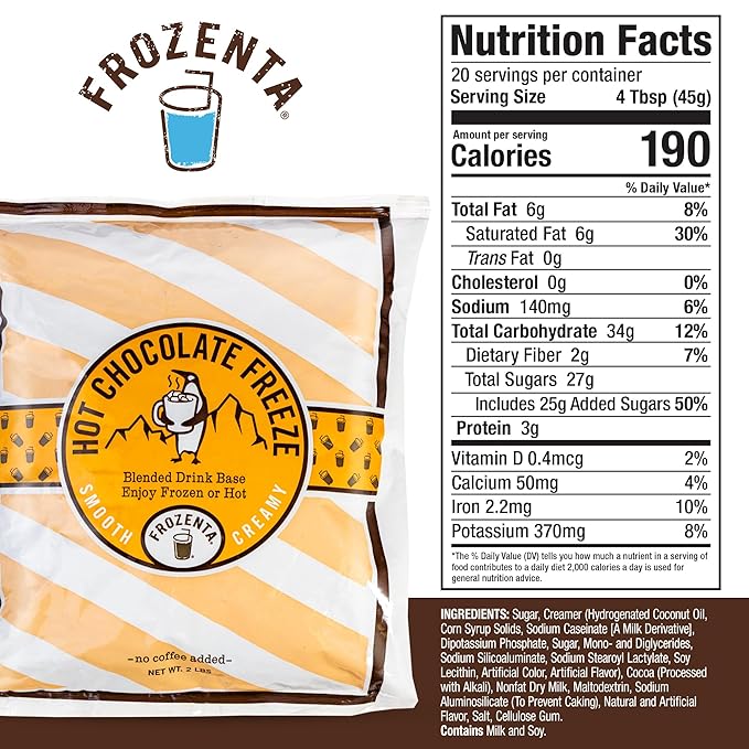 Frozenta At Home Freeze Frozen Beverage Mix used with Milk, Cold Brew and Espresso to create frozen Frappes, Mochas, Lattes and Hot Chocolate too (20 Servings, Hot Chocolate Powder)