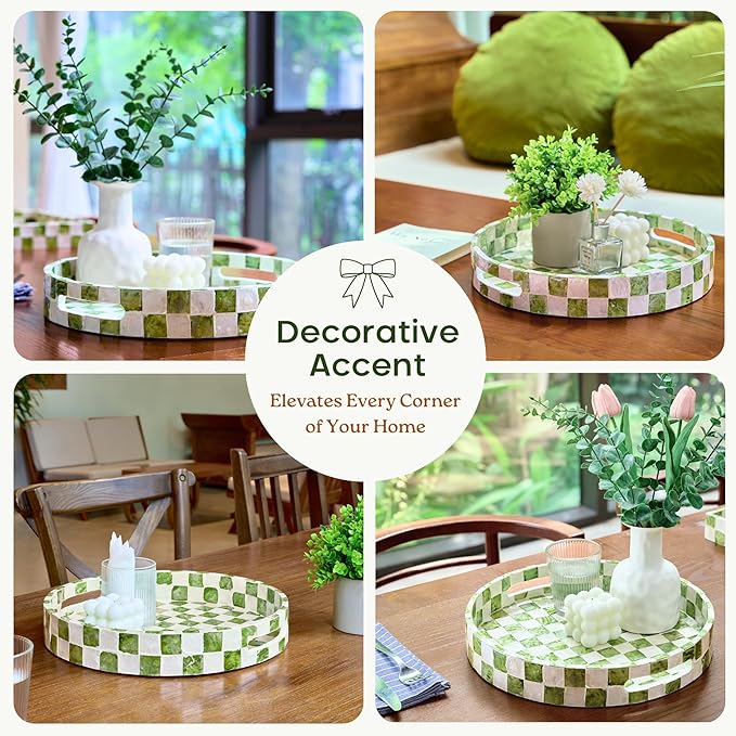 12.6" Capiz Decorative Tray with Handles, Checkered Round Serving Tray for Coffee Table, Kitchen Counter, or Bathroom (Pistachio Green)