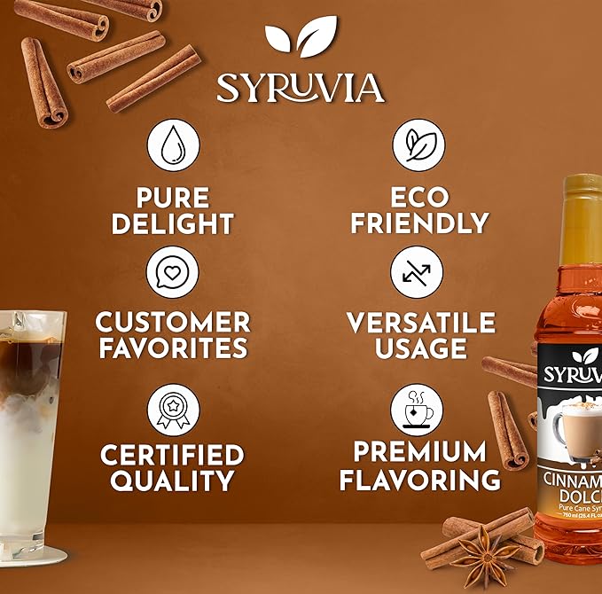 Syruvia Coffee Syrup, Cinnamon Dolce Flavored Syrup for Drinks, Lattes, and Desserts – 25.4 fl oz