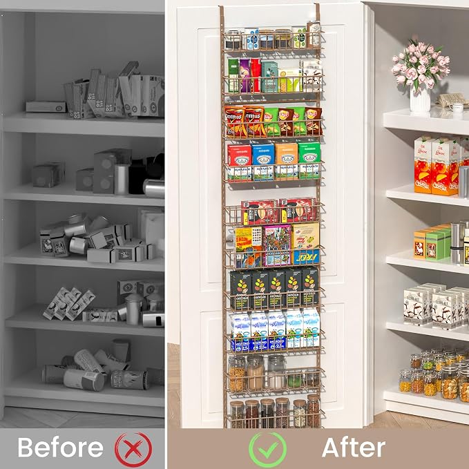 ElegantArray 10-Tier Pantry Door Oragnizer, Over The Door Pantry Organizer Rack and Storage, Hanging Spice Rack Shelves Door, Home Office Laundry Room Bathroom & Kitchen Organization, Brown