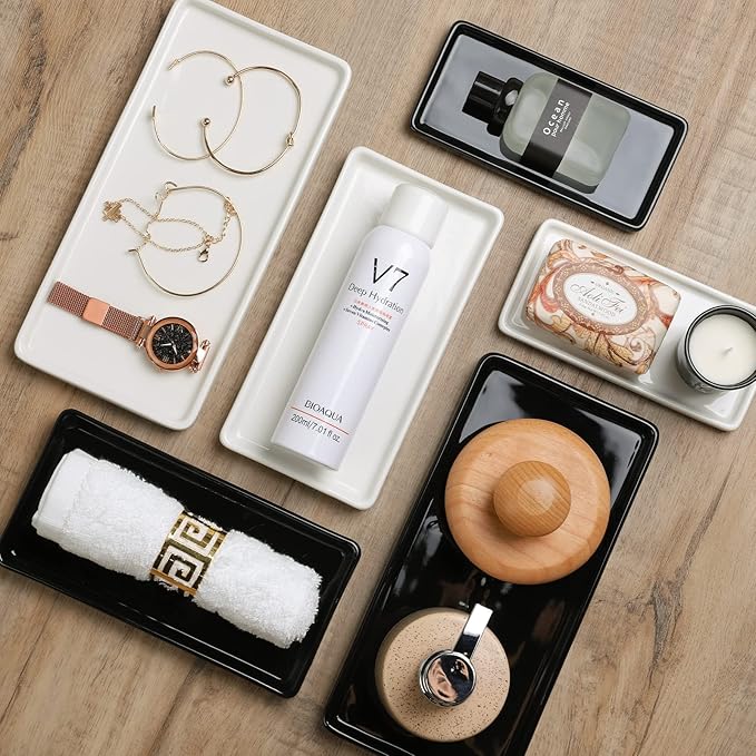 Gurygo 6" Bathroom Trays - Ceramic Vanity Tray for Bathroom - Small Ceramic Tray - Kitchen Soap Trays for Kitchen Counter - Bathtub Organizer (Black)