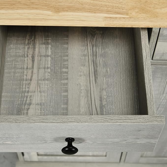 HOMCOM Sideboard Buffet Cabinet with Solid Wood Countertop, Modern Kitchen Storage Cabinet, Coffee Bar Cabinet with 3 Drawers, Doors and Adjustable Shelf, Distressed Light Gray