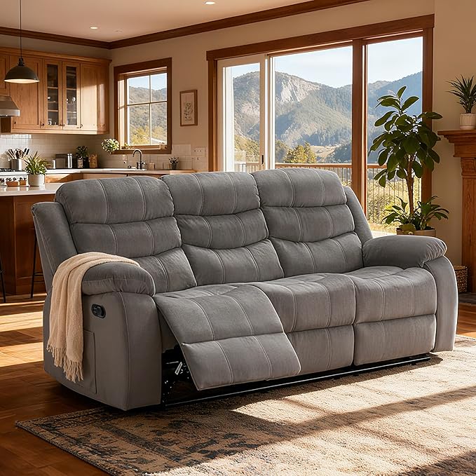 Reclining Sofa Set 3 Seater Couch Recliner, Velvet Wall Hugger Recliner Sofas for Living Room, RV, Home Theater Seating(Grey, 3 Seater Sofa)