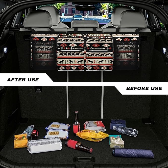 CLOHOMIN Aztec Western Horse Trunk Organizer for SUV Sedan Van Hanging Seat Back Storage Multi Car Backseat Trunk Organizer Collapsible Car Storage Bag with 4 Pockets