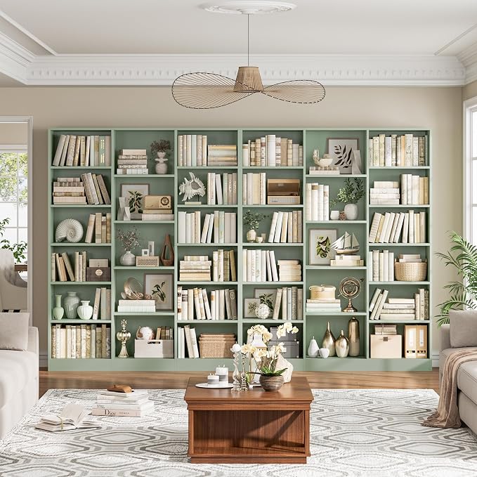 FACBOTALL Triple Wide Bookshelf, 6 Tier Large Bookshelf, Bookcase with 17 Open Display Shelves, 74'' Tall Bookcases and Bookshelves for Living Room, Home Office, Library, Green