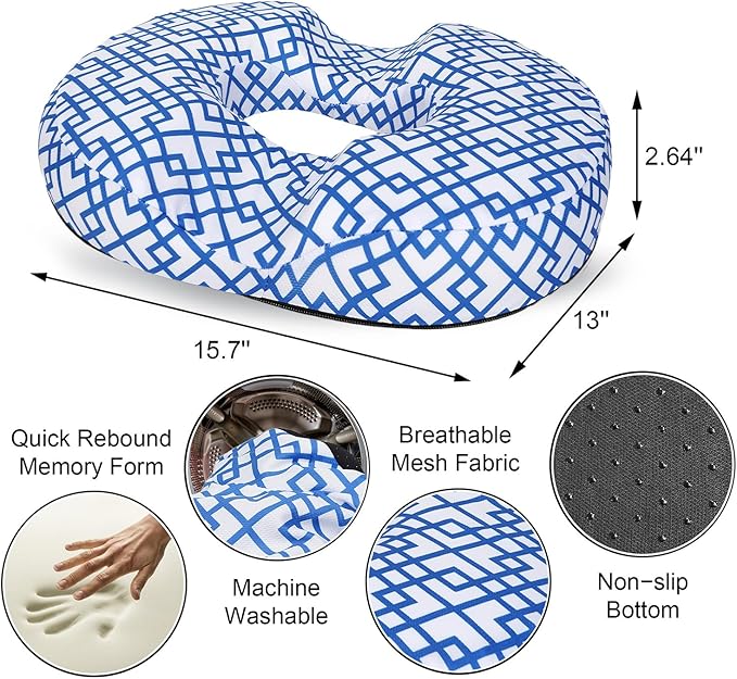 Donut Pillow for Hemorrhoids Seat Cushion for Tailbone Pain Relief - Blue Buffalo Plaid Home Office Chair Cushion for Long Sitting Work - Memory Foam Car Seat Cushions for Driving Butt Pain Pressure