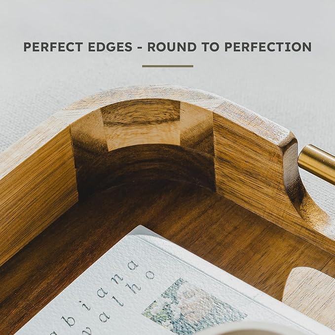 Upper Acacia Wood Ottoman Tray 17x13 Inches with Handles, Decorative Serving Tray for Coffee Table, Breakfast Tray with Anti-Skid Pads