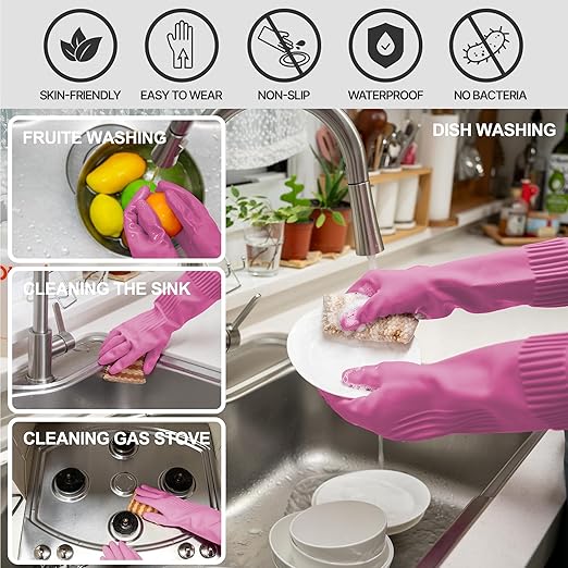 DABOGOSA Mamison 2 Pairs Reusable Waterproof Household Dishwashing Cleaning Rubber Gloves, Non-Slip Kitchen Glove (Pink, XL (Pack of 3))