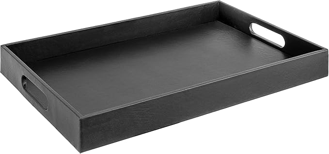 Beautiful Modern Elegant 17.5"x12" Rectangle Classic Black Faux Leather Decorative Tray Ottoman Coffee Table Perfume Living Room Kitchen Serving Tray with Handles for All Occasion's
