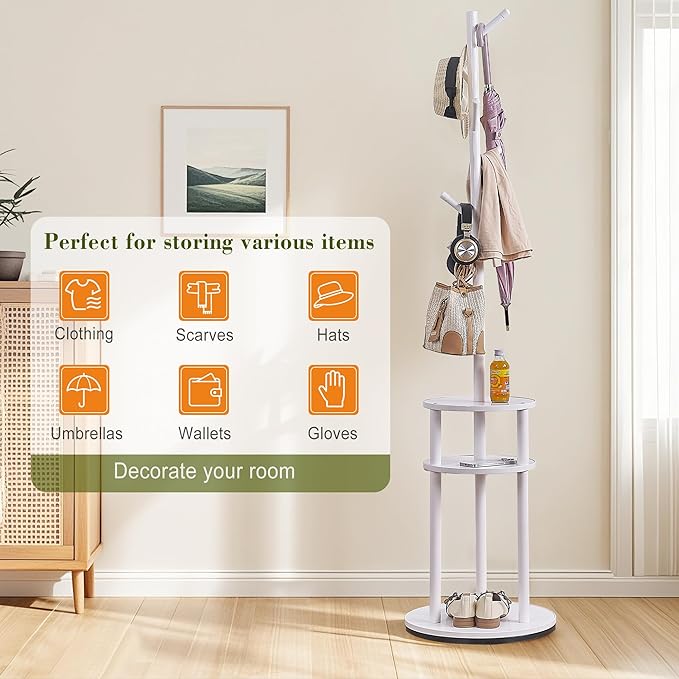 VECELO Coat Rack Freestanding, Entryway Hanger Stand, Umbrella Holder, Hall Tree With Hooks, Floor Standing Tree Stand,White