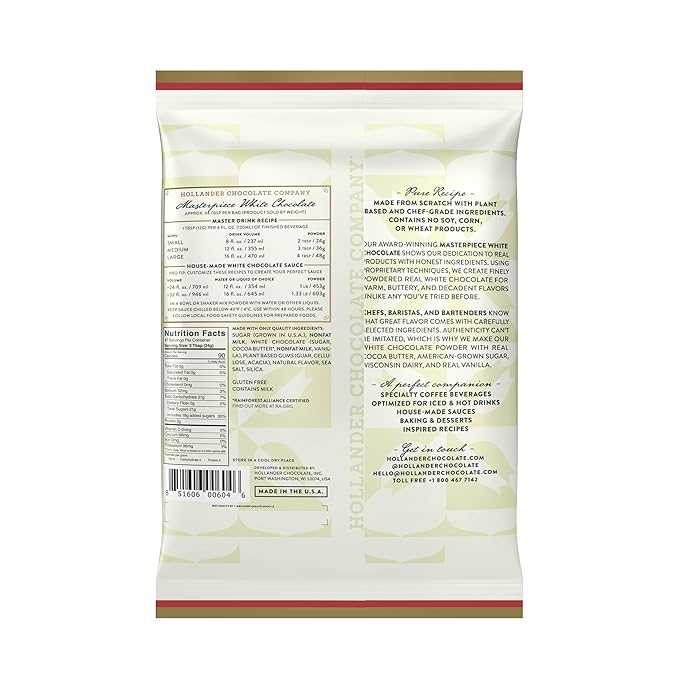 Hollander Masterpiece White Chocolate Powder | 2.5lb Bag | Sweet & Creamy Real White Chocolate |Beverage, Specialty Coffee Drinks, Baking & Desserts | Clean Label & Gourmet Ingredients | GMO Free, Rainforest Alliance Certified, Clean Label