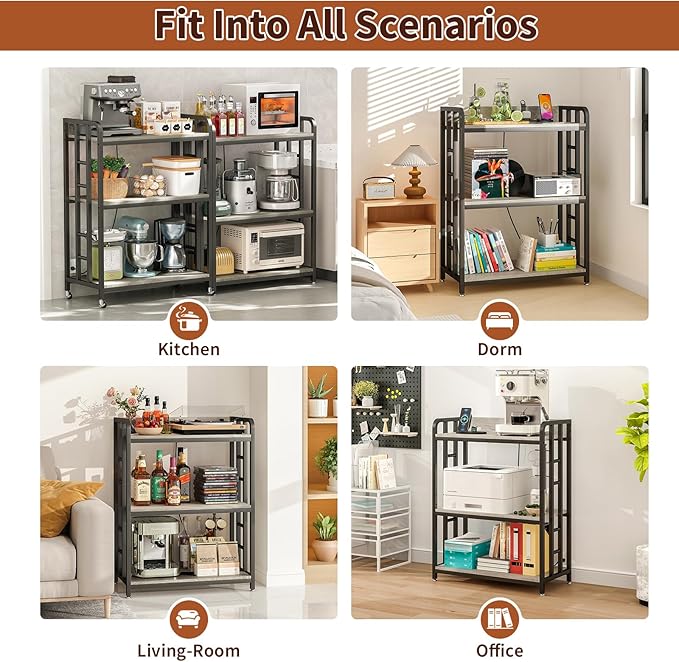 Bakers Rack with Power Outlet,Adjustable Microwave Stand with Storage,3-Tier Kitchen Shelves,Microwave cart Suitable for Kitchen,Dinning Room,Coffee Bar,Living,Greige