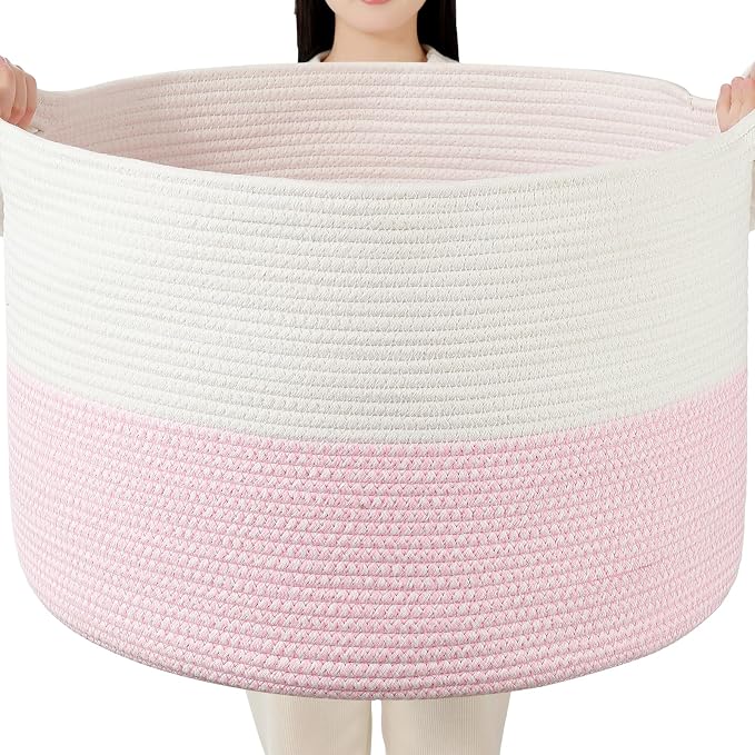 Foldable Laundry Hamper Basket with Collapsible Handle Cotton Rope Soft Woven Fabric Storage Organizer Clothes Toys Nursery Bedroom Dorm Space Saving Bin (White & Pink, 115L(23.6"D x 15.7"H))