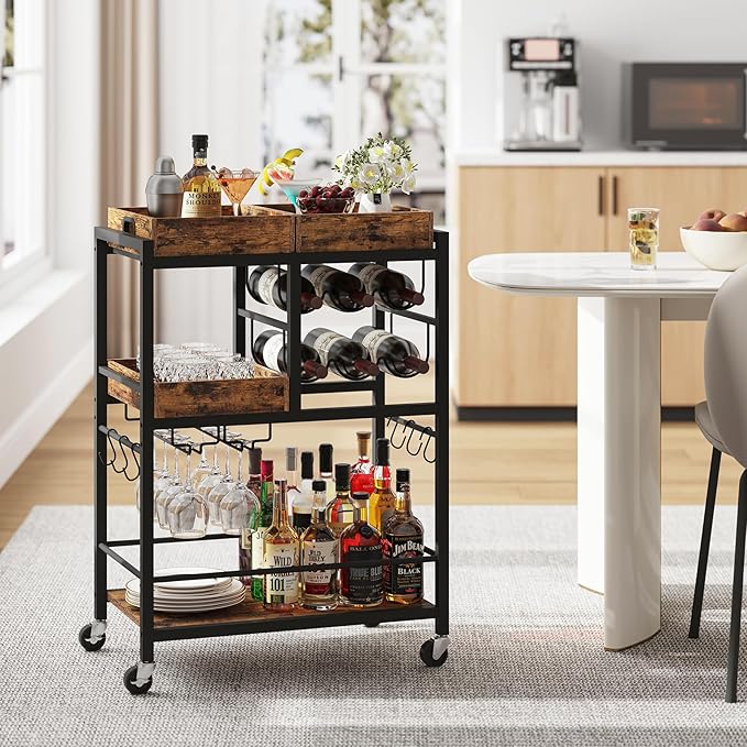 TUTOTAK Bar Cart, Home Bar Serving Cart, 3-Tier Kitchen Cart on Wheels, Rolling Beverage Cart with Wine Rack and Glass Holder, Brown BC01BB037