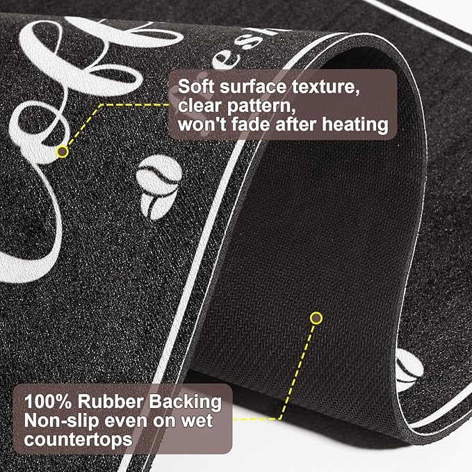 Absorbent Coffee Mat, Fashion Dish Drying Mat for Kitchen Counter Coffee Bar Accessories Espresso Machine Dish Rack 16" x 24" Black