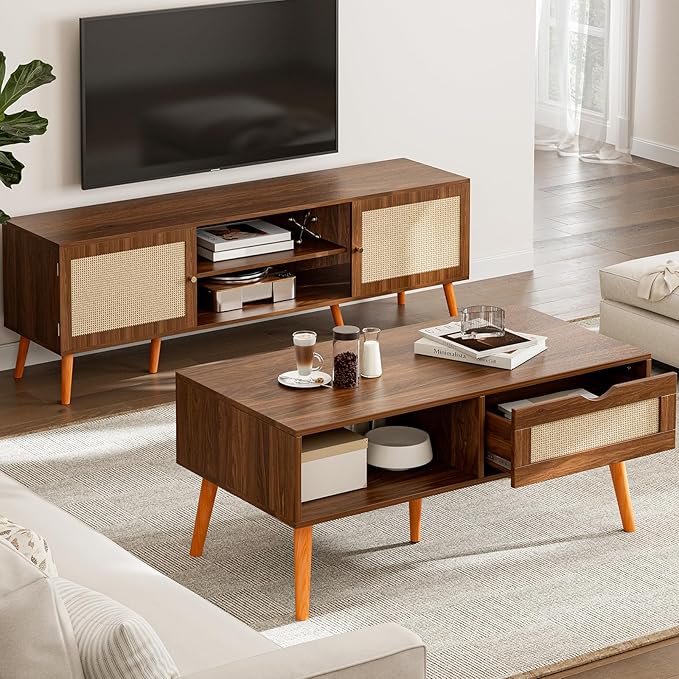 ZttRiee Coffee Table with Storage, Boho Dining Table with Rattan Drawer and Solid Wood Legs, Small Coffee Tables for Living Room, Walnut