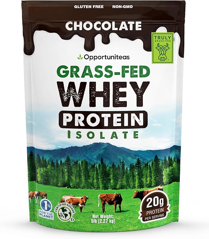 Opportuniteas Grass Fed Chocolate Whey Isolate Protein Powder – 20 g Protein, Heavy-Metal Tested, Made with Organic Cacao & Organic Cane Sugar, Non-GMO, Hormone-Free, Sourced from Ireland, 5 lb