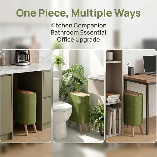 suyika Automatic Trash Can, 2.6 Gallon/10L Bathroom Trash Can with Lid - Wood Grain Lid and Legs, Touchless Waterproof Garbage Bin for Bedroom, Bathroom, Office, Living Room