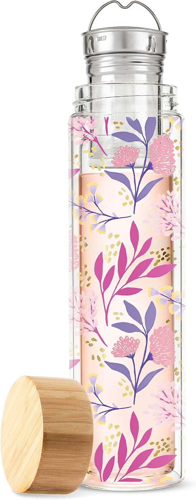 Pinky Up Blair Travel Tea Infuser Mug, Double Walled Insulated Travel Tumbler with Loose Leaf Tea Strainer, Travel Coffee Mug, Keeps Drinks Hot or Cold, 16 oz, Botanical Design