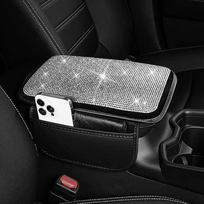 Crystal-Accented Arm Rest Cover for Car Fit for Chevrolet/Chevy Impala Sparkle Console Protector with Side Storeage,Anti-Scratch Auto Armrest Pad Accessory （Black)