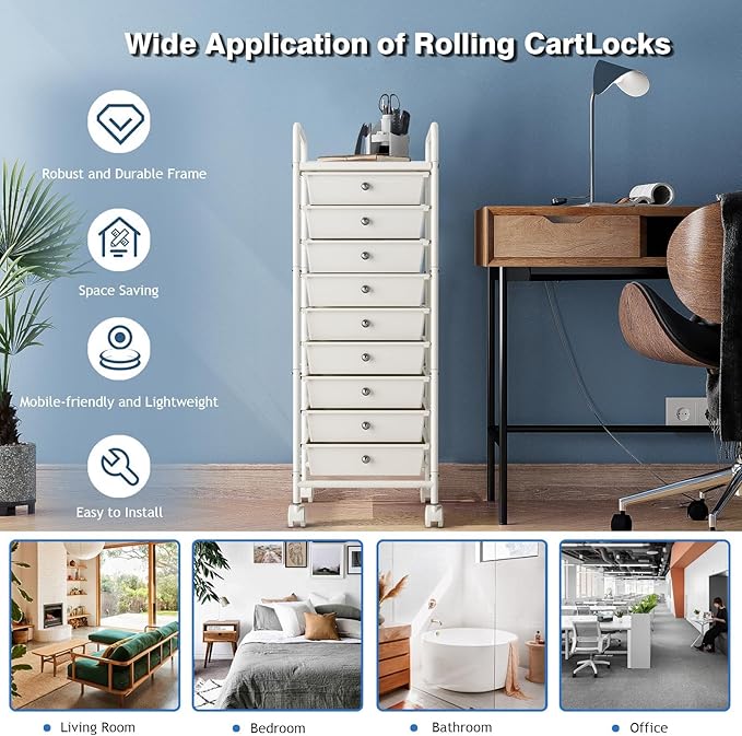 9-Tier Utility Cart with 9 Drawers, Rolling Utility Cart with 2 Lockable Caster Wheels, Multipurpose Mobile Rolling Storage Drawer Cart for Office Bathroom Kitchen, Ivory White