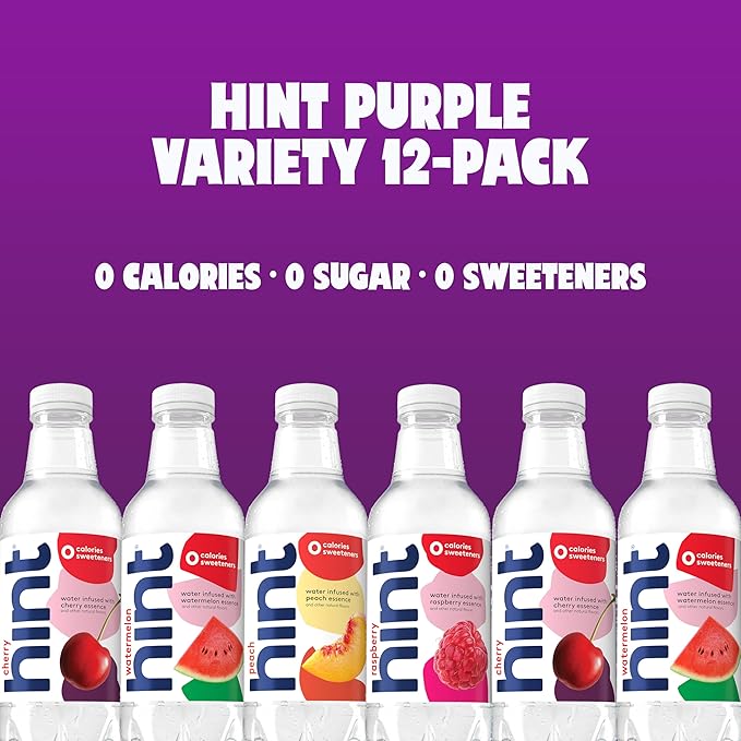 Hint Bottled Water, 4-Flavor Purple Variety Pack - Purified Water Beverages with Zero Calories, Natural Flavors, and Sugar Free - 16 Fl Oz (Pack of 12)