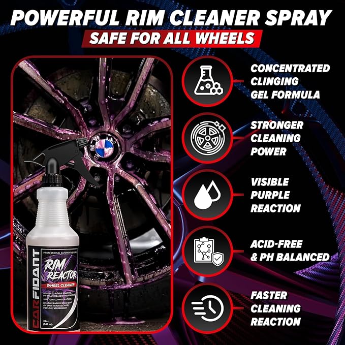 Carfidant Rim Reactor Wheel and Rim Cleaner Spray - Removes Brake Dust & Grime - Safe for BMW, Mercedes, Audi, VW & Porsche - No Scrub, pH Neutral, Non-Acidic Tire Cleaner - 32 fl oz