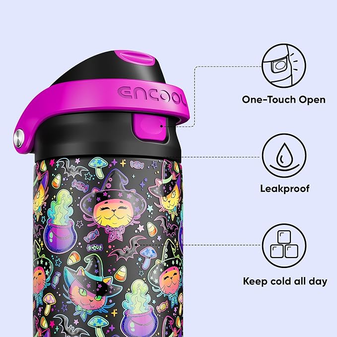 Encool SwiftSip Insulated Stainless Steel Water Bottle with Straw - Leak Proof Sports Water Bottle for School, Travel, Keeps Cold All Day, One-Touch Flip Lid, BPA-Free, 24 oz, Meowgic Night