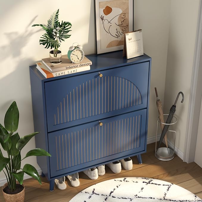 Fsbecl Shoe Storage Cabinet for Entryway with 2 Flip Drawers, Narrow Wood Shoe Cabinet with Fluted Panel, Freestanding Hidden Shoe Organizer for Foyer, Hallway (Blue - with Shelf)