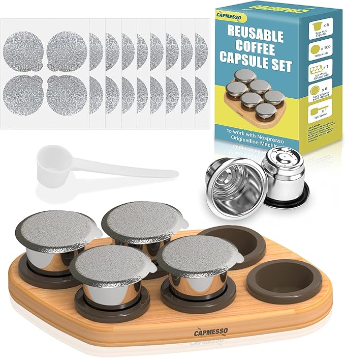 CAPMESSO Reusable Capsules for Nespresso OriginalLine, 6pcs Refillable Pods - Stainless Steel Coffee Pods Compatible with Nespresso OriginalLine Machine (6 Pods + 100 Lids + Wood Storage Tray)