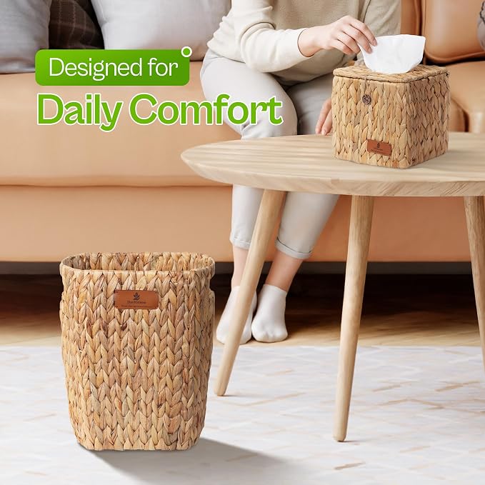 Handwoven Water Hyacinth Decorative Basket, Small Bathroom Trash Can 10L, Open-Top Woven Organizer for Bathroom, Bedroom & Living Room, Natural Fiber, 11 Inch