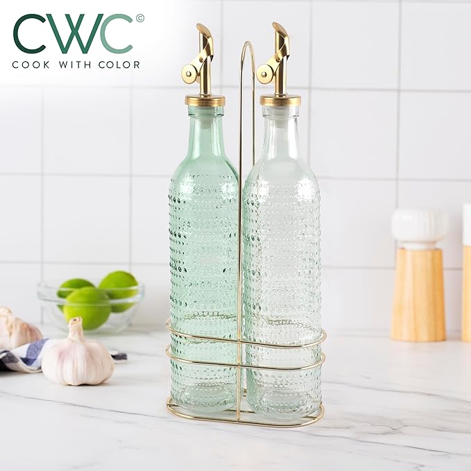 COOK WITH COLOR Glass Olive Oil Bottle Dispenser - 2 Pack- 17oz Oil and Vinegar Cruet - Olive Oil Carafe Decanter for Kitchen, Champagne Bubbles, Green