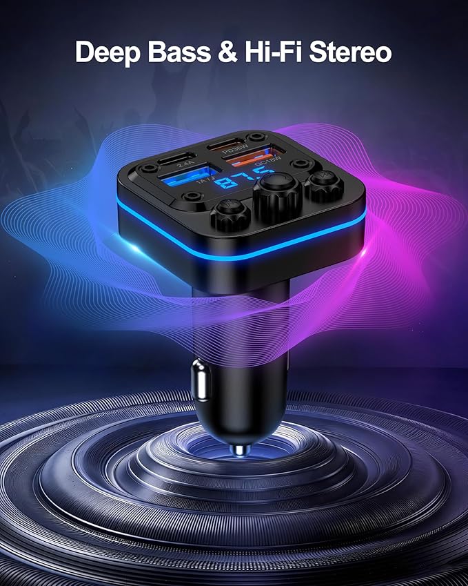 Bluetooth Fm Transmitter for Car, 54w Fast Charging, Blue Tooth 5.4 Car Charger USB-C USB-A Multi Ports, Wireless Radio Aux Cigarette Lighter Adapter Auxiliary for Samsung Galaxy Android iPhone Apple