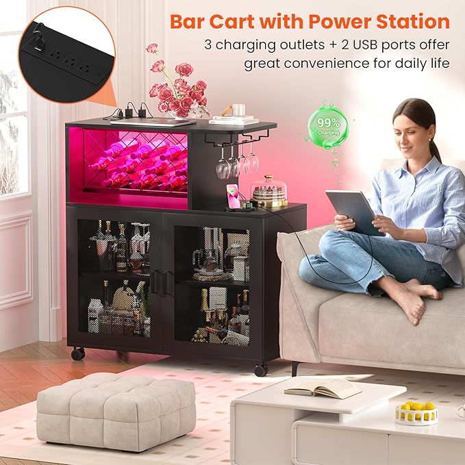 Wine Bar Cabinet with Wheels, Small Liquor Cabinet with LED Light, Home Bar Cart with Power Outlets, Coffee Bar with Wine Rack, Glasses Storage for Kitchen, Dining Room, Living Room, Black