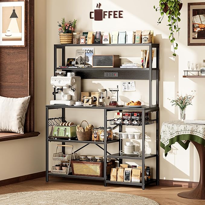 SUPERJARE Bakers Rack with Power Outlet, 47.2 Inches Coffee Bar with Wire Basket, Kitchen Microwave Stand with 6 S-Shaped Hooks, Open Storage Shelves, Black
