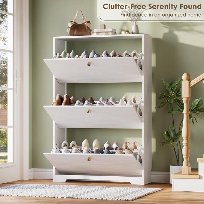 Nicetree Shoe Cabinet with 3 Flip Drawers, Narrow Shoe Organizer Cabinet, Freestanding Shoe Rack Cabinet, Modern Shoe Storage Cabinet for Entryway, Hallway, Foyer, White