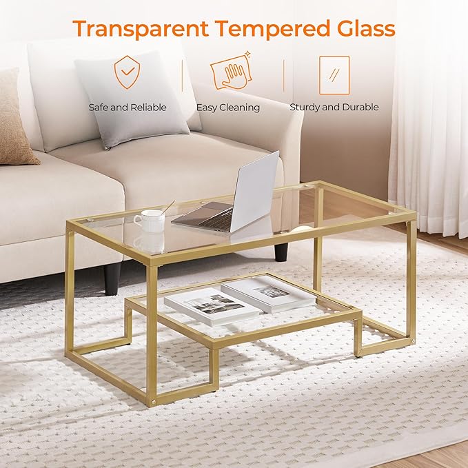 Yaheetech Gold Coffee Table, 42" Rectangular Glass Coffee Table for Living Room, 2-Tier Living Room Tables with Storage Center Tea Tables with Metal Frame for Small Space, Apartment, Office