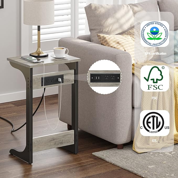 TUTOTAK C Shaped End Table With Charging Station, Set of 2, Couch Tv Tray With 2 USB Ports and Outlets, Sofa Side Table for Small Spaces, Living Room, Bedroom TB01BG0442